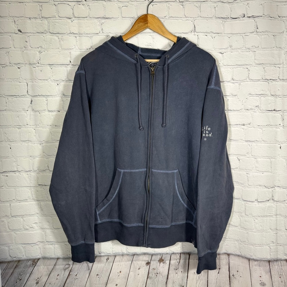 Life is Good Mens Full Zip Hoodie Blue Fleece Sweatshirt Embroidered Logo Size M